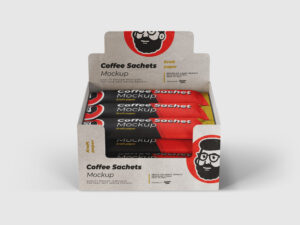 Mockup de pré-visualização de Displays de Papel Cartão de saches de café.