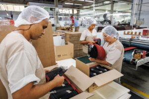 Trabalhadores com uniformes tralhando na indústria de embalagens de papel Embira