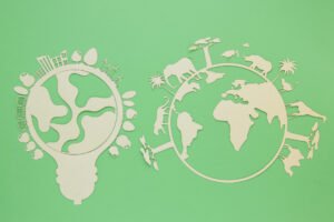Imagem de planeta terra no fundo verde que remete a sustentabilidade. papel sustentavel para embalagens